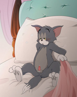 3_toes 4_fingers animal_genitalia animal_penis anthro anus balls bed bodily_fluids claws countershade_face countershade_feet countershade_hands countershade_torso countershading cum cum_drip cum_on_balls cum_on_penis dripping feet feline_genitalia feline_penis fingers fur furniture genital_fluids genitals green_eyes grey_body grey_fur leaking_cum male male/male narrowed_eyes on_bed paws penis pillow sheath sitting solo tail toe_claws toes wet_dream white_body white_fur yellow_sclera atori metro-goldwyn-mayer tom_and_jerry thomas_cat domestic_cat felid feline felis mammal hi_res