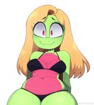 anthro bangs belly big_eyes biped black_bra black_clothing black_panties black_underwear blonde_hair bra breasts clothed clothing cute_fangs eyelashes fangs female female_anthro freckles front_view green_body green_scales hair leaning leaning_backward long_hair midriff multicolored_body multicolored_scales navel non-mammal_breasts panties pink_body pink_eyes pink_scales scales simple_background sitting slightly_chubby smile solo teeth text thick_thighs two_tone_body two_tone_scales underwear white_background wide_eyed wide_hips matzzacre matz alligator alligatorid crocodilian reptile scalie 2020 absurd_res digital_media_(artwork) english_text hi_res portrait signature three-quarter_portrait