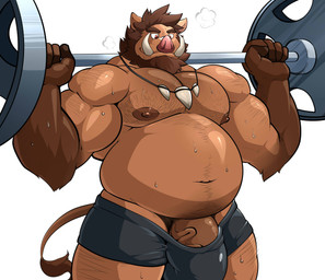 barbell beard belly big_penis bodily_fluids body_hair bottomwear brown_body brown_fur brown_nipples bulge casual_exposure chest_hair clothed clothing exercise facial_hair fur genitals happy_trail jewelry male musclegut muscular navel necklace nipples overweight overweight_male penis penis_base shorts simple_background solo sweat topless tusks underwear vein veiny_penis weightlifting white_background workout maldu broody mammal suid suine sus_(pig) wild_boar absurd_res hi_res