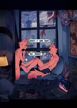 anthro black_bottomwear black_clothing black_shorts bottomwear city cityscape clothing detailed_background duo eyes_closed fur lamp male male/male nude_anthro nude_male red_body red_fur shorts slim_anthro slim_male window hemuchang canid canine canis mammal wolf 2024 hi_res