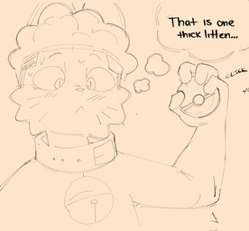 anthro bell bell_collar blush blush_lines bodily_fluids collar front_view fur hair holding_object holding_pokeball looking_at_another male pokeball solo standing sweat text thought_bubble whiskers sushiamazing nintendo pokemon sushi_(sushiamazing) domestic_cat felid feline felis mammal 2026 digital_media_(artwork) english_text hi_res monochrome sketch