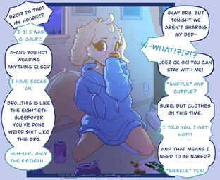 bottomless bros_being_bros candy clothed clothing dessert erection erection_under_clothing food hoodie hoodie_only male not_gay_pose offscreen_character profanity solo tenting text topwear topwear_only young soft_monster canid canine mammal absurd_res english_text hi_res