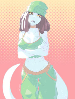 big_breasts bottomwear breasts brown_hair choker claws clothed clothing crossed_arms dreadlocks eyelashes female fingers frown green_bottomwear green_clothing green_hat green_headwear green_pants green_shirt green_tank_top green_topwear grey_body grey_scales hair hat headgear headwear jewelry looking_at_viewer midriff navel necklace open_mouth pants scales sharp_teeth shirt simple_background solo standing tank_top teeth tongue topwear yellow_sclera nanokindred vipa_(palesnake) animal_humanoid humanoid reptile reptile_humanoid scalie scalie_humanoid snake snake_humanoid viper absurd_res digital_media_(artwork) hi_res