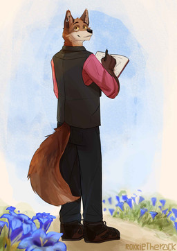 anthro blue_bottomwear blue_clothing blue_pants bottomwear clothing drawing drawing_(action) ear_piercing ear_ring ear_tuft facial_tuft flower footwear grass head_tuft jewelry looking_at_viewer looking_back looking_back_at_viewer male notebook pants pencil piercing pink_clothing pink_shirt pink_topwear plant pupils right-handed ring_piercing shirt shoes silver_(metal) silver_jewelry sky smile solo tail text topwear trail tuft vest writing_in_notebook writing_utensil yellow_sclera rokkietherock canid canine fox mammal tibetan_sand_fox true_fox absurd_res commissioner_name hi_res
