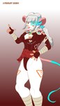 anthro cleavage_cutout clothing cutout female fingerless_gloves footwear fur gloves grey_hair hair handwear leotard light_armor makeup monocular orange_eyes ring solo thong_leotard visor white_body white_fur lyonley shizu_(petruz) mammal murid murine rat rodent hi_res