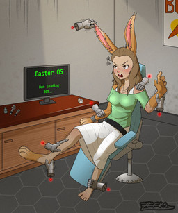 ambiguous_gender barefoot belt blush bottomwear breasts brown_body brown_fur brown_hair buckteeth chair clothing disembodied_hand electronics feet female fur furniture green_clothing green_shirt green_topwear group hair human_to_anthro inside monitor on_chair shirt sitting skirt species_transformation syringe teeth topwear transformation zeeker19_(artist) human lagomorph leporid mammal rabbit 2026 5:6 hi_res