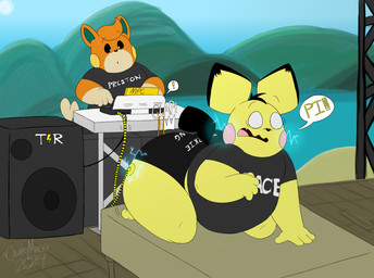 anthro ass_clapping ass_up beach big_butt black_bottomwear black_clothing black_ear_tips black_hair black_sclera black_tail bottomwear brazil brazilian butt butt_jiggle clothing dialogue dipstick_ears disc_jockey duo ear_markings electric_shock electrical_plug electricity empty_eyes fangs furniture green_inner_ear grey_clothing grey_shirt grey_topwear hair head_tuft hill hotpants jiggling male markings multicolored_body multicolored_ears onomatopoeia orange_body orange_ears pink_cheeks pokemon_speak sea shirt shocked shorts simple_background sound_effects speaker speech_bubble stage table tail tan_arms tan_body tan_tail teeth text text_on_bottomwear text_on_clothing text_on_shirt text_on_topwear thick_thighs topwear tuft twerking water white_eyes wide_hips wire yellow_body yellow_cheeks yellow_ears chonkymouse nintendo pokemon pace_(blastoiseanimator) preston_(chonkymouse) generation_2_pokemon generation_9_pokemon pawmi pichu pokemon_(species) 2024 absurd_res colored dated digital_drawing_(artwork) digital_media_(artwork) english_description english_text flat_colors hi_res portuguese_description signature
