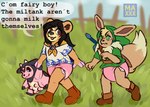 anthro black_hair blonde_hair blush blush_lines boots clothed clothing cosplay diaper duo female fur grass grass_field hair holding_object male melee_weapon nervous open_mouth outside pantsless pink_diaper plant plushie smile sword tail text weapon wearing_diaper maxwtv nintendo ocarina_of_time pokemon the_legend_of_zelda link malon eevee generation_1_pokemon generation_2_pokemon miltank pokemon_(species) teddiursa digital_media_(artwork) english_text translated