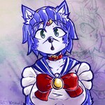 anthro blue_body blue_fur blue_hair breasts clothed clothing female fur green_eyes hair looking_at_viewer solo surprised_expression white_body white_fur zak898 nintendo sailor_moon_(series) star_fox krystal_(star_fox) canid canine fox mammal digital_media_(artwork) hi_res