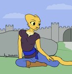 anthro boots bottomwear breasts clothed clothing countershading eyebrows female female_anthro field footwear fur grass kvatch legwear multicolored_body multicolored_fur nails outside painted_underwear pants plant plantigrade relaxing rock sash shirt shoes sitting small_breasts smile solo tail topwear underwear wall_(structure) yellow_body yellow_eyes yellow_fur johndoe8771 microsoft prequel_adventure the_elder_scrolls katia_managan felid khajiit mammal aliasing digital_media_(artwork) flat_colors hi_res