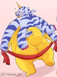 anthro anus backsack balls belly big_belly big_butt blush butt genitals kemono male open_mouth overweight overweight_male simple_background solo tongue tongue_out towel yellow_body 96panda bandai_namco digimon digimon_(species) gabumon 2024 absurd_res hi_res