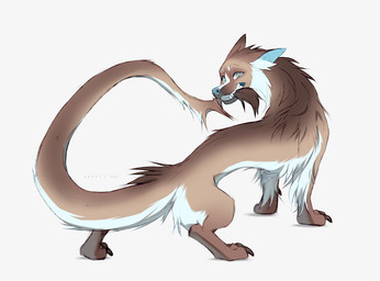 big_claws black_claws blue_eyes blue_inner_ear blue_nose brown_body brown_fur cheek_tuft claws eyebrows eyelashes facial_tuft fangs female feral fur inner_ear_fluff long_body long_tail looking_at_viewer looking_back looking_back_at_viewer nude rear_view simple_background snout solo standing tail tail_in_mouth tail_in_own_mouth teeth tuft white_background white_body white_eyebrows white_fur white_inner_ear_fluff azzai mythology dragon mythological_creature mythological_scalie scalie 2022 colored colored_sketch digital_drawing_(artwork) digital_media_(artwork) shaded simple_shading sketch