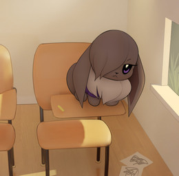alternative_fashion ambiguous_gender classroom desk emo emo_haircut eyelashes feral furniture grass hair hair_over_eye one_eye_obstructed plant school solo table window inkune nintendo pokemon eevee generation_1_pokemon pokemon_(species) hi_res