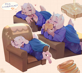 anthro biped bottomwear claws clothed clothed_anthro clothed_female clothing feet female fingers front_view fully_clothed fully_clothed_anthro fully_clothed_female fur horn looking_at_viewer lying on_front smile solo tail teeth toes tongue topwear aruurara deltarune undertale_(series) toriel bovid caprine goat mammal 2026 digital_drawing_(artwork) digital_media_(artwork) hi_res