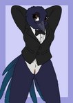 anthro black_tie_(suit) bottomless bottomless_female bow_tie clitoris clothed clothing female front_view genitals hands_behind_back pose pussy solo standing suit fish_birb rachel_(fish_birb) avian bird corvid eurasian_magpie holarctic_magpie magpie_(corvid) oscine passerine absurd_res hi_res pinup