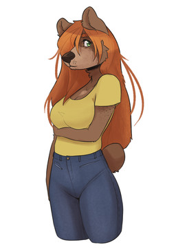 anthro arm_under_breasts big_nose bottomwear breasts cleavage clothed clothing dark_nose denim denim_bottomwear denim_clothing female freckled_arms freckles green_eyes hair jeans nub_tail orange_hair pants shirt simple_background solo topwear yellow_clothing yellow_shirt yellow_topwear katahdin kat_(katahdin) bear mammal hi_res