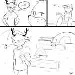 1:1 annoyed anthro antlers asking asking_another bottomwear campfire camping campsite clothed clothing comic deer duo female fire freckled_face freckles fully_clothed furniture horn leaving legs_in_air lidded_eyes log lying lying_on_ground male mammal monochrome on_back outside pants pictographics shirt sigh slypon sound_effects table tent text topwear walking_away wood
