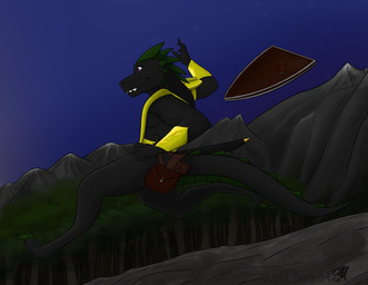 accessory anthro armor bag black_body dagger forest furgonomics male melee_weapon mountain night plant purple_eyes running shield smile solo sunset sword tail tail_accessory tail_bag text tree weapon jeki_sergal dungeons_and_dragons hasbro wizards_of_the_coast dragonborn_(dnd) scalie absurd_res artist_name hi_res
