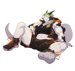 abs anthro bodily_fluids bulge clothing footwear green_hair hair hoodie horn kemono long_hair male muscular muscular_male navel shoes simple_background sitting smile smirk solo spread_legs spreading sweat tail topwear white_background uken_l mythology dragon mythological_creature mythological_scalie scalie absurd_res hi_res shaded