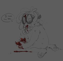 anthro blood blood_on_face blood_on_hand blood_on_head bodily_fluids bow_tie eyewear glasses grey_background hair kneeling looking_at_viewer nervous pawpads simple_background solo speech_bubble sweat teeth text shaibey bugsnax young_horses floofty_fizzlebean grumpus 2022 digital_media_(artwork) english_text hi_res procreate_(artwork) nonbinary_(lore)
