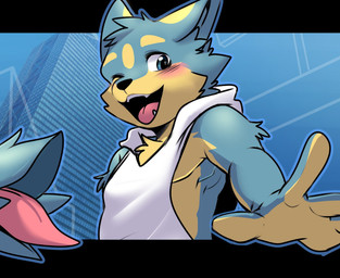 anthro blue_body blue_eyes blue_fur clothing fangs fur fur_markings hair male markings multicolored_body multicolored_fur one_eye_closed open_mouth shirt solo tank_top teeth topwear two_tone_body two_tone_fur wink yellow_body yellow_fur saku1saya seiya_(saku1saya) canid canine canis domestic_dog mammal hi_res