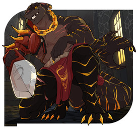 anthro armor belt black_body bladed_weapon bottomwear chain_around_neck chest_scar clothing fin fin_piercing furgonomic_piercing furgonomics head_fin inside kneeling loincloth male muscular muscular_anthro muscular_male pauldron pecs piercing pointing_weapon_at_viewer scar smile smiling_at_viewer solo stripes tail tail_fin tail_piercing weapon_glint window yellow_eyes yellow_stripes kitnkamoodle zundash_(kilyion) aquatic fish shark hi_res