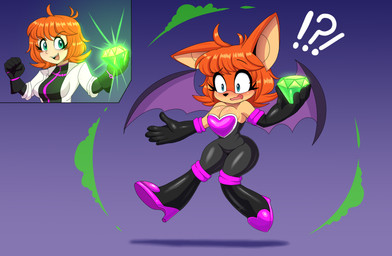 anthro before_and_after black_clothing black_gloves black_handwear black_nose blush breasts chaos_emerald clothing cosplay female footwear gem gloves green_eyes handwear high_heels holding_gem holding_object human_to_anthro interrobang open_mouth poof_transformation shoes simple_background smile solo species_transformation surprised transformation flybeeth sega sonic_the_hedgehog_(series) helen_castle rouge_the_bat bat human mammal 2025 absurd_res digital_media_(artwork) hi_res