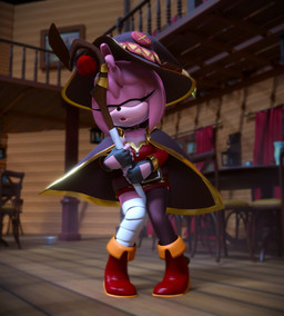anthro bandage belt black_cloak black_clothing black_gloves black_handwear boots breasts cloak clothing cosplay crossover_cosplay eyelashes eyes_closed female fingerless_gloves footwear front_view fur gloves hair handwear hat head_tuft headgear headwear holding_object holding_staff legwear open_mouth pink_body pink_fur pink_hair red_boots red_clothing red_footwear shoes short_hair solo staff stockings tan_body tan_fur thick_thighs tuft wide_hips witch_hat hitmarker konosuba:_god's_blessing_on_this_wonderful_world! sega sonic_the_hedgehog_(series) amy_rose megumin_(konosuba) eulipotyphlan hedgehog mammal 3d_(artwork) crossover digital_media_(artwork) hi_res