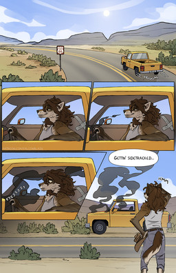 anthro black_nose brown_body brown_eyes brown_fur canine_teeth car cheek_tuft clothed clothed_anthro clothing dialogue driving facial_tuft fluffy fluffy_tail fur inside_car inside_vehicle light_truck male pickup_truck pointy_ears prick_ears smoke snout solo speech_bubble standing tail tan_body tan_fur text truck tuft vehicle falco_works indy_(justroadkill) canid canine canis coyote mammal 2024 comic digital_media_(artwork) english_text hi_res