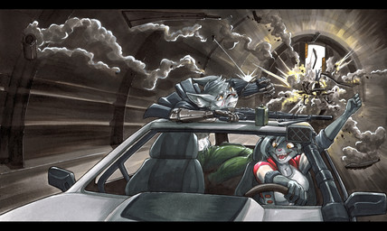 5_fingers aircraft anthro biped black_bars black_body black_fur cybernetic_arm cybernetic_limb detailed_background duo explosion female fingers fur grey_body grey_fur gun hair helicopter machine_gun male ranged_weapon smoke tunnel vehicle weapon white_hair yellow_eyes ewgengster toyota_ae86 akelus_(spyglass8) nat_rivers_(spyglass8) canid canine canis domestic_cat felid feline felis mammal wolf 2025 absurd_res hi_res letterbox traditional_media_(artwork)