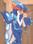 3:4 absurd_res after_shower ambiguous_gender anthro avian_butt beak biped blue_body blue_eyes blue_feathers colored feathers game_freak generation_9_pokemon hi_res kajinchu nintendo open_beak open_mouth pokemon pokemon_(species) quaquaval shizuku_(kajinchu) solo towel towel_on_shoulder white_body