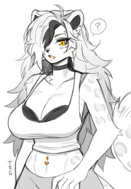 anthro biped bottomwear breasts clothed clothed_anthro clothed_female clothing female fingers fully_clothed fully_clothed_anthro fully_clothed_female fur hair looking_at_viewer navel small_waist solo tail topwear thericegoat minerva_(thericegoat) felid feline mammal hi_res sketch