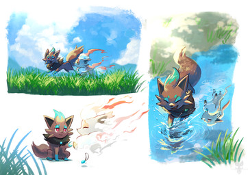 ambiguous_gender black_body black_fur black_tail cloud day duo eye_contact eyes_closed feral front_view fur grey_body grey_fur looking_at_another open_mouth outside quadruped red_eyes side_view sitting sky standing tail teeth tongue water yellow_eyes tenebscuro nintendo pokemon generation_5_pokemon generation_8_pokemon hisuian_form hisuian_zorua pokemon_(species) regional_form_(pokemon) shiny_pokemon zorua 2025 absurd_res digital_media_(artwork) hi_res female_(lore) male_(lore)