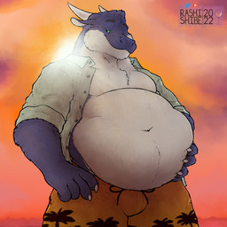 anthro beach belly big_belly clothed clothing fur holding_belly looking_at_viewer loom male obese one_eye_closed open_clothing open_shirt open_topwear outside overweight overweight_male seaside shirt solo standing sunset topwear wink rashishibe mythology dragon furred_dragon furred_scalie mammal mythological_creature mythological_scalie scalie wingless_dragon 1:1 2022 digital_media_(artwork) hi_res shaded