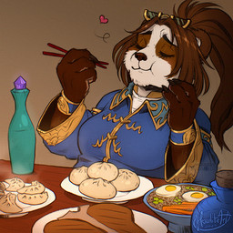 4_fingers anthro bangs beef blue_clothing blue_robe bottle brown_body brown_fur brown_hair buns chewing chopsticks claws clothing collar container cork countershade_hands countershading dumplings eating eating_food egg emanata eyes_closed eyewear eyewear_on_head fancy_clothing female fingers food full_mouth fur furniture gem glasses glasses_on_head hair heart_emanata holding_chopsticks holding_object long_hair meat noodles ornate_clothing parted_bangs plate raised_hand raised_hands robe round_ears sitting sitting_at_table smile solo steak steam table tan_body tan_fur wristband howlite blizzard_entertainment warcraft tiya_shortclaw bear mammal pandaren red_pandaren 1:1