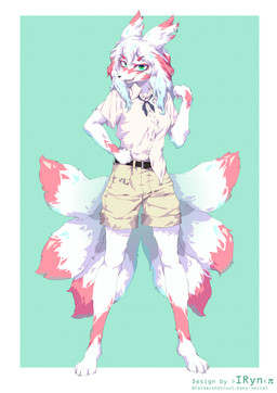 abstract_background anthro arm_markings belt black_belt black_nose bottomwear clothing ear_markings ear_piercing ears_back eyebrows facial_markings female fluffy_ears green_background green_eyes head_markings hotpants logo looking_at_viewer markings multi_tail open_mouth open_smile piercing pivoted_ears shirt shorts simple_background smile solo tail tail_markings topwear white_body white_clothing white_shirt white_topwear yellow_bottomwear yellow_clothing yellow_shorts falseconstruct 2025 absurd_res artist_logo hi_res signature