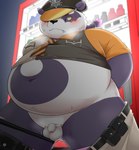 anthro balls belly blush bodily_fluids bottomwear clothing cute_fangs fangs flaccid genitals hat headgear headwear kemono male navel necktie overweight overweight_male pants penis police police_badge police_baton police_hat purple_body shirt small_penis solo sweat teeth topwear vending_machine white_body bake_gosut third-party_edit lifewonders tokyo_afterschool_summoners alp_(tas) bear giant_panda mammal 2021 censor_removal_edit hi_res