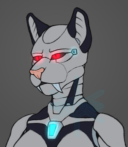 anthro bald black_sclera fangs female glowing glowing_eyes grey_body machine pink_nose red_eyes sabertooth_(anatomy) simple_background solo teeth frostwyrm102 android felid mammal prehistoric_species robot saber-toothed_tiger bust_portrait portrait
