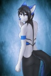 anthro black_body black_fur black_hair blue_eyes breasts female fur hair looking_at_viewer looking_back nude short_hair solo tail white_body white_fur nayel-ie nova_(obsessi) canid canine mammal hi_res