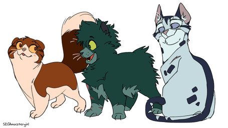 ambiguous_gender arm_scar blue_body blue_fur blue_sclera brown_eyes dipstick_tail feral feralized fluffy fluffy_tail fur ginger_fur green_body green_eyes green_fur grey_body grey_fur group happy markings multicolored_body multicolored_fur scar shoulder_scar simple_background tail tail_markings tailless talking_to_another text trio white_background yellow_sclera segamastergirl my_hero_academia warriors_(book_series) izuku_midoriya ochaco_uraraka tenya_ida domestic_cat felid feline felis mammal 16:9 artist_name crossover hi_res widescreen