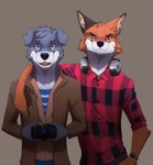 anthro arm_around_shoulders brown_eyes camera clothing coat duo electronics folded_ears green_eyes headphones heterochromia jacket male shirt smile topwear feyscat mountain_aj canid canine canis domestic_dog fox mammal