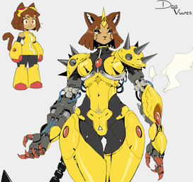 accessory anthro armor brown_hair claws clothed clothed_anthro clothing curvy_figure cybernetic_arm cybernetic_limb cybernetics female hair machine mecha mechanical_arm pipe power_armor redesign science_fiction simple_background solo spikes tail thick_thighs whiskers wide_hips yellow_body deusvulpes gameoverse glitch_productions kit_bodega cyborg felid feline mammal absurd_res colored digital_drawing_(artwork) digital_media_(artwork) hi_res