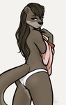 anthro black_nose butt cheeky_panties clothed clothing female hair long_hair long_tail panties rear_view shirt_up simple_background smile solo standing tail tasteful thick_tail topless underwear undressing fairdahlia third-party_edit nat_(mykegreywolf) mammal mustelid otter color_edit colored hi_res