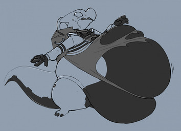 3_toes 5_fingers anthro belly belly_expansion big_belly bodily_fluids bottomless claws clothed clothing expansion feet female finger_claws fingers flesh_fang food_container gloves grey_background handwear horn huge_belly hyper hyper_belly looking_at_self motion_outline obese obese_female overweight overweight_female shirt side_view simple_background solo standing surprised sweat sweatdrop tail tearing_clothing thick_thighs toe_claws toes topwear torn_clothing torn_shirt torn_topwear wide_eyed saphiros kobold scalie 2021 digital_media_(artwork) greyscale guide_lines monochrome