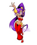 breasts cleavage clothed clothing dark_body dark_skin ear_piercing ear_ring female footwear hair humanoid_pointy_ears long_hair not_furry piercing pointy_ears ponytail purple_hair ring_piercing shoes simple_background smile solo 4brandonsj4 shantae_(series) wayforward shantae genie humanoid hi_res signature