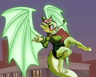 book bookmark bottomwear bow_ribbon city city_background claws clothing dragon_wings ethereal_wings eyebrows eyelashes eyewear female flying glasses horn jewelry looking_at_viewer necklace pattern_bottomwear pattern_clothing pattern_skirt pink_eyes plaid plaid_bottomwear plaid_clothing plaid_skirt skirt solo sweater toe_claws topwear fuzzycogs deadlock_(game) valve paige_(deadlock) kobold scalie pin_(disambiguation) absurd_res hi_res