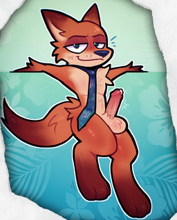 anthro ball_tuft balls blush blush_lines bodily_fluids brown_body brown_fur chest_tuft erection fluffy fluffy_tail freckles fur genital_fluids genitals humanoid_genitalia humanoid_penis looking_at_viewer male mostly_nude motion_lines necktie necktie_only nude orange_body orange_fur paws penis precum reclining smile smug_face solo tail tan_body tan_fur tuft bnnuyhole disney zootopia nick_wilde canid canine fox mammal red_fox true_fox hi_res
