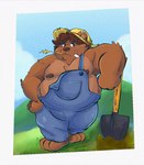 anthro belly brown_body clothing farmer hat headgear headwear male moobs nipples overalls overweight overweight_male shovel solo straw_hat tools 06junior11 bear mammal 2025 absurd_res hi_res