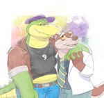 anthro belly brown_body brown_fur clothing coat duo fur green_body hand_holding hat headgear headwear hug lab_coat male male/male necktie slightly_chubby topwear nookdae brok_the_investigator cowcat_games brok_(brok_the_investigator) dr._mink alligator alligatorid crocodilian mammal mink mustelid musteline reptile scalie true_musteline hi_res