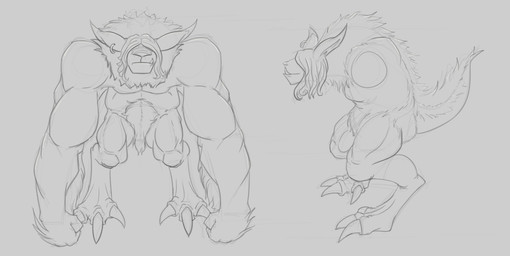 anthro big_claws claws cross_section crotch_tuft digitigrade ear_piercing ear_ring front_view hair long_hair male male_anthro mouth_closed muscular muscular_anthro muscular_male obscured_eyes piercing ring_piercing side_view simple_background solo toe_claws tuft aduran species_request absurd_res hi_res monochrome